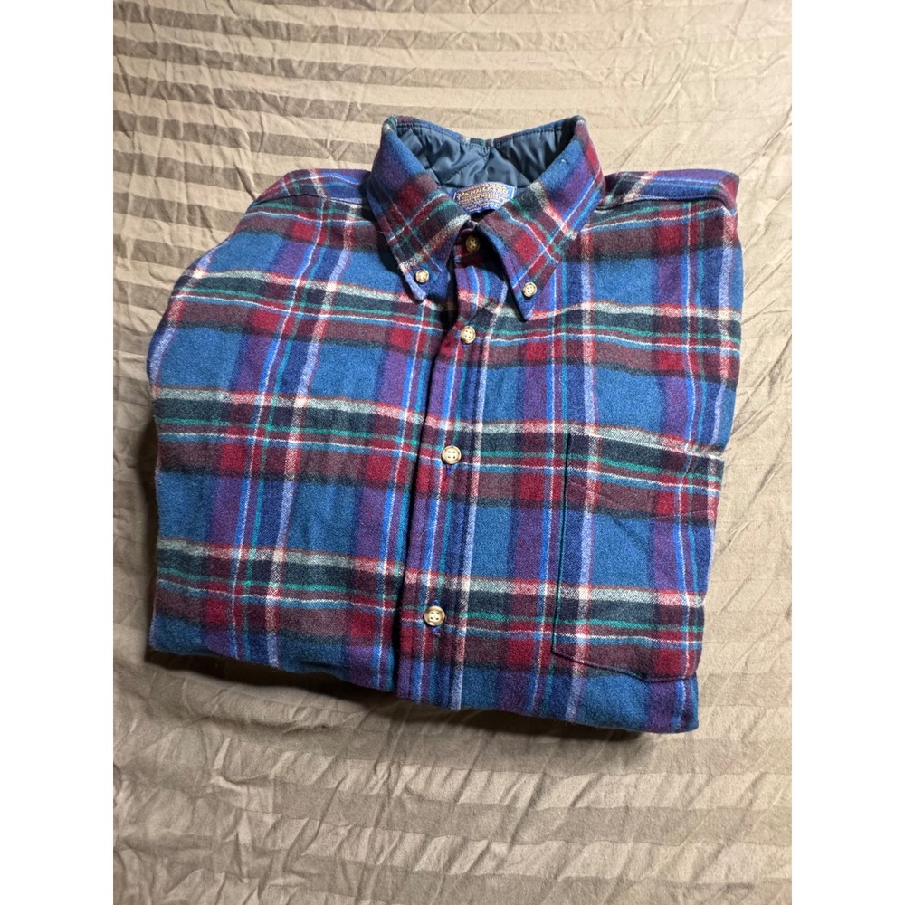 Pendleton Wool Plaid Flannel Shirtā Mens Medium Blue Red Vintage Made in USA